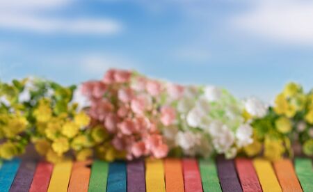 Plastic flowers in line on the colorful wooden and blue sky. Blurred textured and backgrounds.