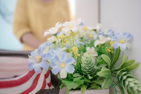 Close up blur the women in the mirror and flowers with pollen. Beautiful blooming of fake flower and green leaf with blurred background on the dressing table.の写真素材