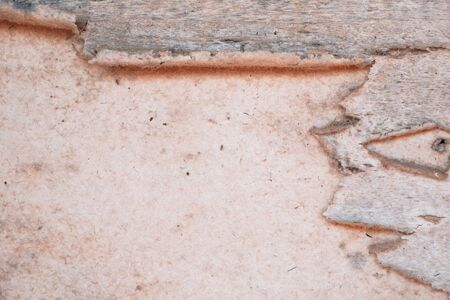 Background and texture of old wooden wall. Old plywood boards rotted and torn, saw the inner surface with copy space for text inputの写真素材