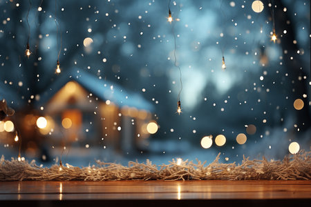 Christmas blurred bokeh backgrounds, snow falling, and reflective sparkles with copy space, and closed window frame decoration. AI Generated.の素材