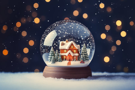 a house and white snow-covered trees on a snowy winter background in a small ball of glass. AI Generated.の素材