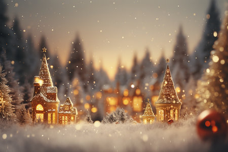 Christmas blurred bokeh background with lots of lights and reflective sparkles with copy space. AI Generated.の素材