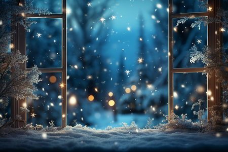 Christmas decorations and a Christmas tree in the blurred bokeh background, beautiful falling snow, and reflective sparkles. AI Generated.の素材