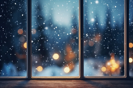 Winter festive, closed window frame decoration backgrounds with pine trees and frosty patterns. AI Generated.の素材