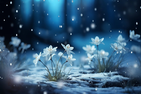 Winter landscape with snowy flowers and snowflakes blurred bokeh backgrounds, snow falling, and reflective sparkles with copy space. AI Generated.の素材
