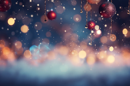 Closeup of Christmas ball with Christmas decorations and blurred bokeh backgrounds, reflective sparkles with copy space. AI Generated.の素材