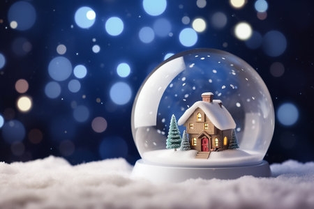 a house and white snow-covered trees on a snowy winter background in a small ball of glass. AI Generated.の素材
