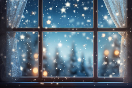 Winter festive, closed window frame decoration backgrounds with pine trees and frosty patterns. AI Generated.の素材