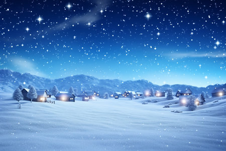 Winter festive landscape with village and white snow-covered trees. Blurred backgrounds falling snow with lights. AI Generated.の素材