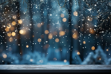 Christmas blurred bokeh backgrounds, snow falling, and reflective sparkles with copy space. AI Generated.の素材
