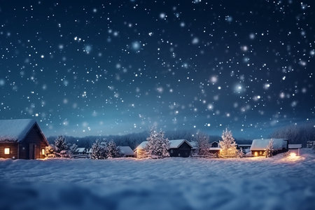 Winter festive landscape with village and white snow-covered trees. Blurred backgrounds falling snow with lights. AI Generated.の素材