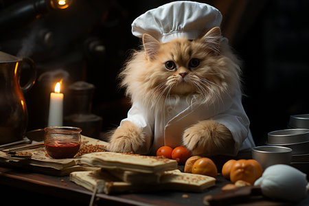 A cute kitten with white fluffy hair wearing a Chef hat to cooking breakfast in a minimalist and modern kitchen room, smiling funny moment, ingredient for cooking, cozy houseの素材