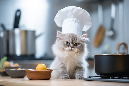 A cute kitten with white fluffy hair wearing a Chef hat to cooking breakfast in a minimalist and modern kitchen room, smiling funny moment, ingredient for cooking, cozy houseの素材