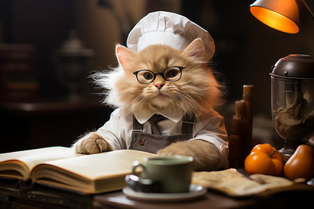 A cute kitten with white fluffy hair wearing eyeglasses and a Chef hat to cooking breakfast in a minimalist and modern kitchen room, smiling funny moment, ingredient for cooking, cozy houseの素材