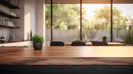 Blurred modern background, empty cafe tabletop for product display. Ai Generated.の素材