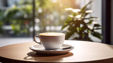 Blurred modern background, a cup of coffee on a wooden tabletop. Ai Generated.の素材