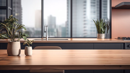 Kitchen table top with blurred modern interior. AI Generated.の素材