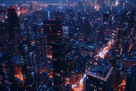 city life under the night sky in high-angle, Illuminated by a colorful array of lights, a bustling cityscape from above at night. Generative AIの素材