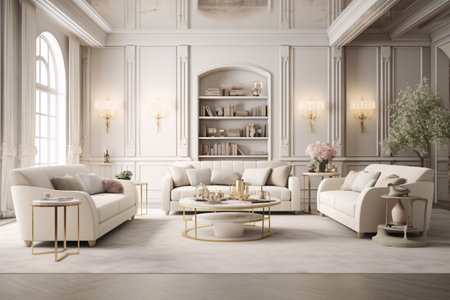 interior a luxurious home adorned with muted color palettes, elegant residences, soft hues, and subtle tones to enhance the ambiance of quiet opulence. Generative AIの素材