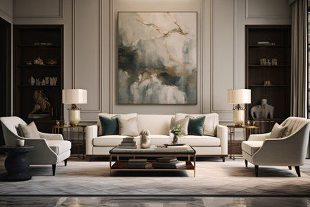 interior a luxurious home adorned with muted color palettes, elegant residences, soft hues, and subtle tones to enhance the ambiance of quiet opulence. Generative AIの素材
