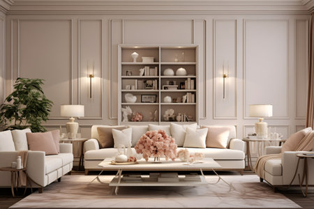 interior a luxurious home adorned with muted color palettes, elegant residences, soft hues, and subtle tones to enhance the ambiance of quiet opulence. Generative AIの素材