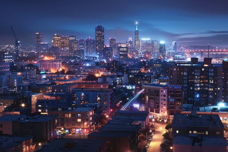 city life under the night sky in high-angle, Illuminated by a colorful array of lights, a bustling cityscape from above at night. Generative AIの素材