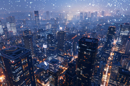 city life under the night sky in high-angle, Illuminated by a colorful array of lights, a bustling cityscape from above at night. Generative AIの素材