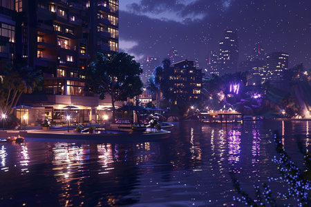city life under the night sky in high-angle, Illuminated by a colorful array of lights, a bustling cityscape from above at night. Generative AIの素材