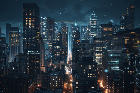 city life under the night sky in high-angle, Illuminated by a colorful array of lights, a bustling cityscape from above at night. Generative AIの素材