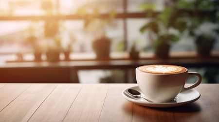 Blurred modern background, a cup of coffee on a wooden tabletop. Ai Generated.の素材