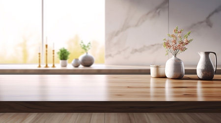 Kitchen table top with blurred modern interior. AI Generated.の素材