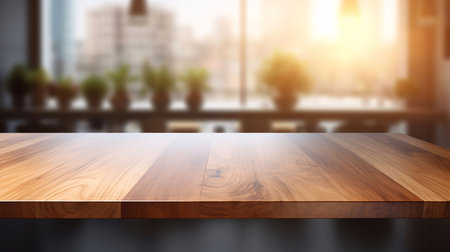 Blurred modern background, empty cafe tabletop for product display. Ai Generated.の素材