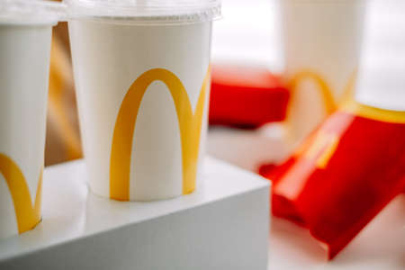 McDonald's logo on company production boxes. Close up. High quality photoのeditorial素材