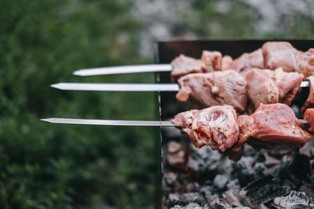 Cooking barbecue skewers. Marinated kebab is grilled on charcoal. Pork Shish kebab cooking outdoor. Close-up. High quality photoの写真素材