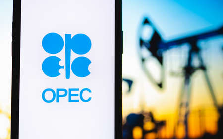 OPEC logo on the smartphone screen. The Organization of the Petroleum Exporting Countries.のeditorial素材