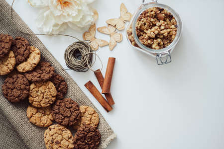 Homemade oatmeal cookies with cinnamon on white background. Healthy Food Snack. High quality photoの写真素材