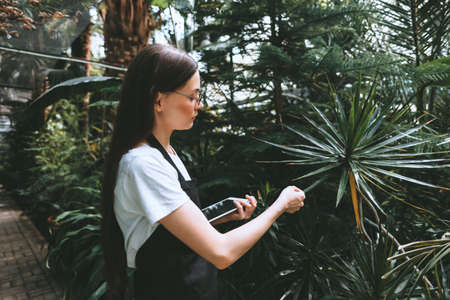 Young woman gardener in glasses and apron with digital tablet working in a garden center for better...