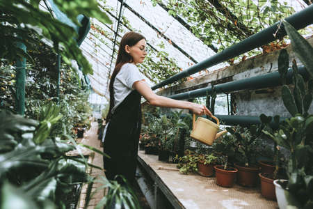 Young woman gardener in glasses and apron with digital tablet working in a garden center for better quality control. Environmentalist using digital tablet in greenhouse. High quality photoの写真素材