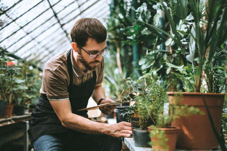 Young man gardener in glasses and apron with digital tablet working in a garden center for better quality control. Environmentalist using digital tablet in greenhouse. High quality photo