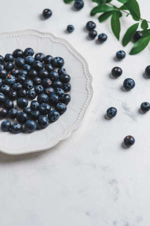 Fresh juicy blueberries in a white plate with on a white background. Close up. High quality photoの写真素材
