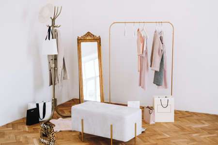 Rack with stylish women's clothes, gray pouf and mirror indoors. Interior design. High quality photoの写真素材