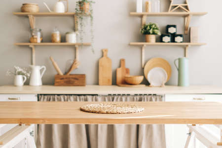 Empty wooden table in modern kitchen. High quality photoの写真素材