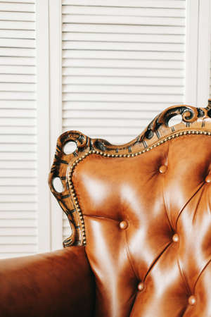Stylish leather brown armchair in white living room. Close-up. High quality photoの写真素材