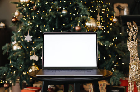 Laptop computer with white blank screen mock up, on the table near Christmas tree. High quality photoの写真素材