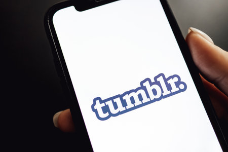 Tumblr logo. hands holding iPhone X with Tumblr app logo on the screen.のeditorial素材