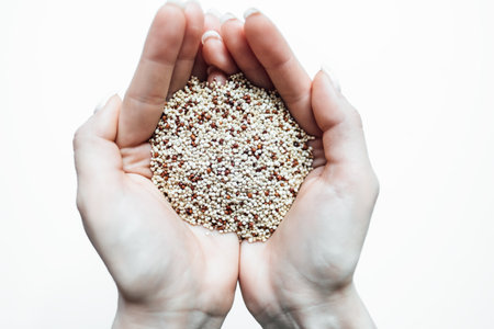 Hands hold quinoa porridge on a white background. Good nutrition concept with copy space.の写真素材