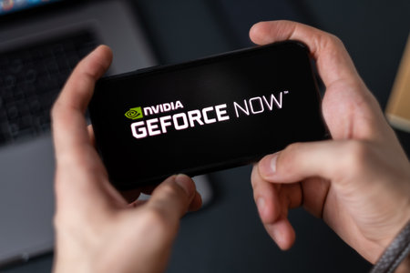 Geforce Now logo on smartphone screen. High quality photo.