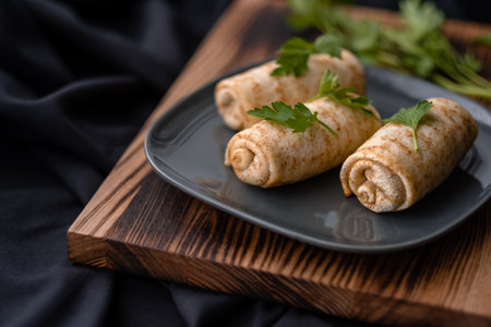 Stuffed pancakes with meat filling decorated with parsley, on a wooden board. Dark background.の写真素材