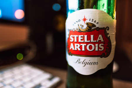A bottle of stella artois beer at home. High quality photo.のeditorial素材