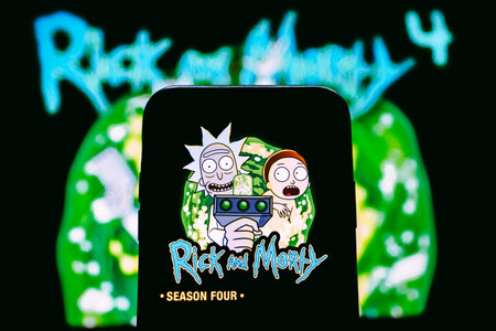Rick and Morty adult animated science fiction sitcom, the iPhone with shot of Rick and Morty season 4. High quality photoのeditorial素材